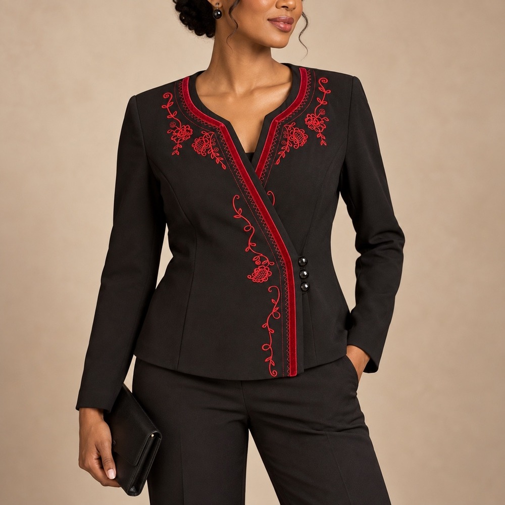 L 238 Danny & Nicole Black Red Embroidered Velvet Asymmetrical Evening Jacket